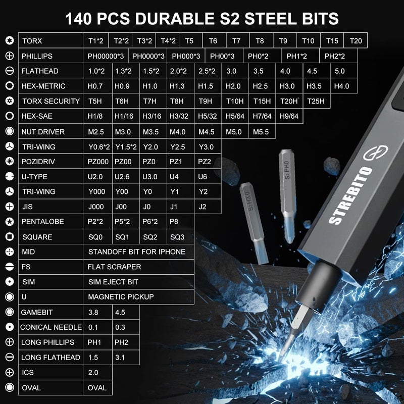 STREBITO Mini Electric Screwdriver Upgraded 155 in 1 Electric Precision Screwdriver Set with 140 S2 Steel Magnetic Bits, 5 Torque Settings, Electronics Repair Tool Kit for Computer, PC, Laptop, Phone - Image 3